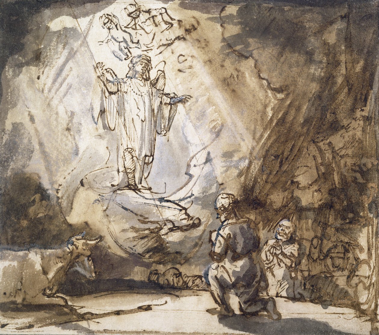 Zvěstování pastýřům (pero a inkoust na papíře) od Rembrandt van Rijn
