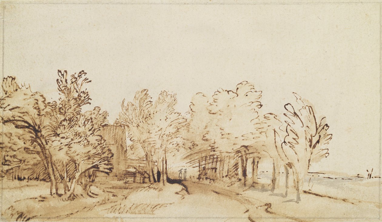 Avenue s pěšinkou a farmou vlevo (pero a hnědý inkoust a štětec na papíře) od Rembrandt van Rijn