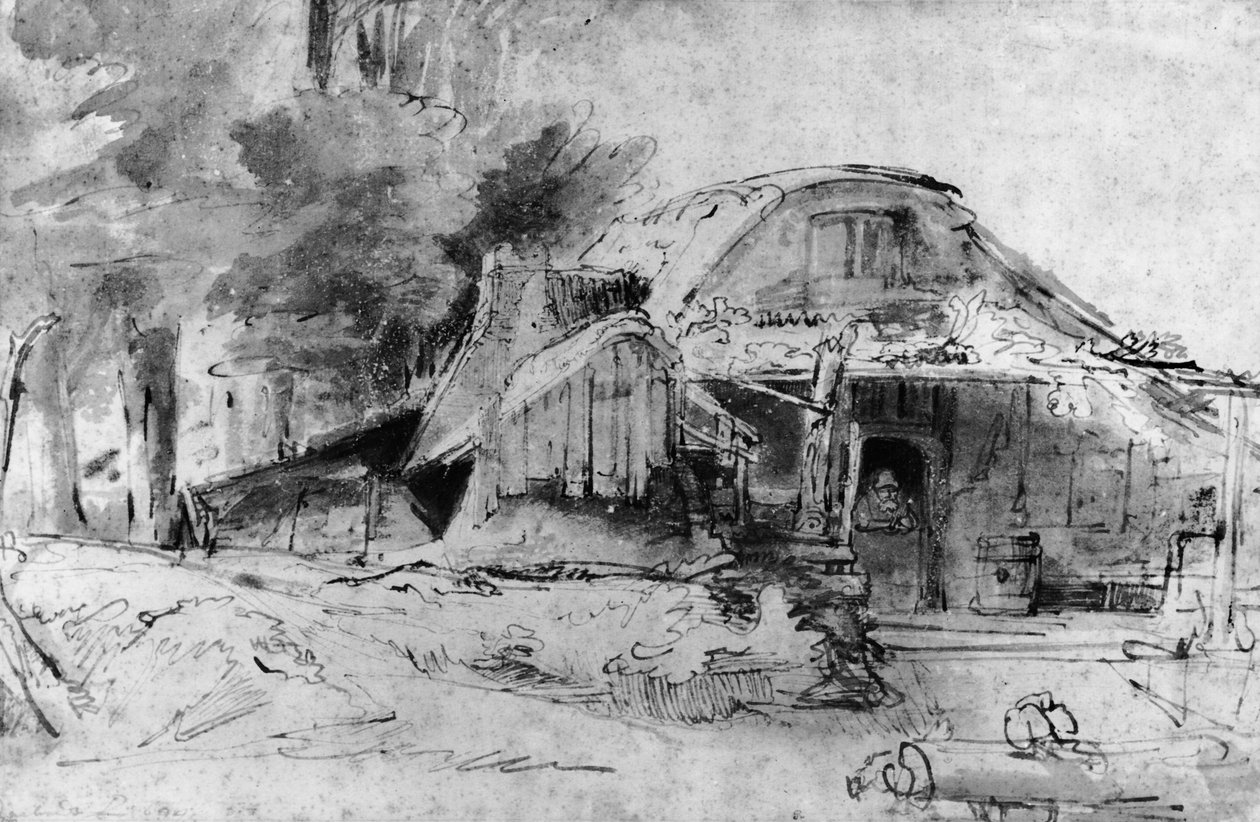 Chata na okraji lesa (pero, inkoust a hnědá myčka na papíře) od Rembrandt van Rijn