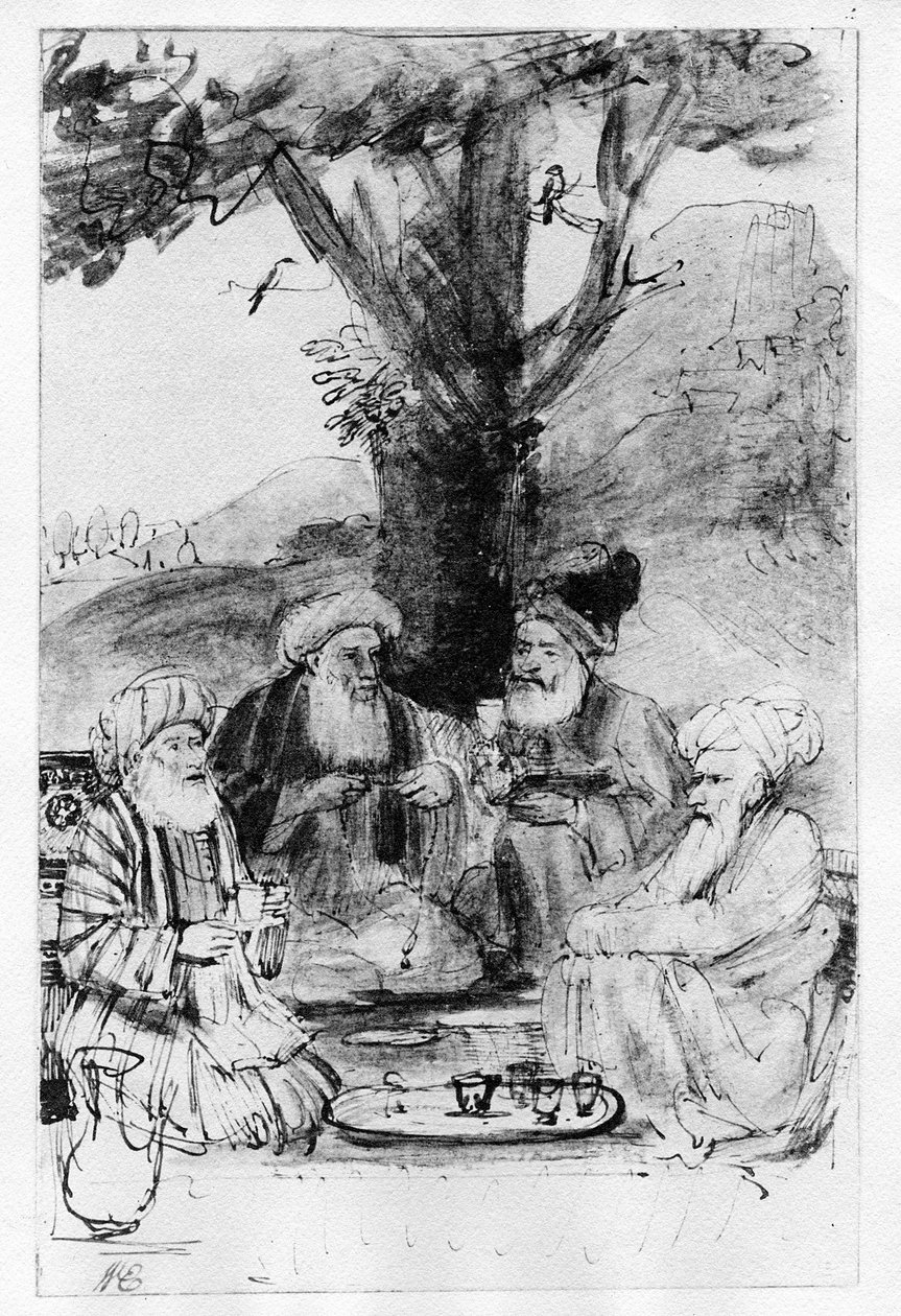 Čtyři orientálové sedící pod stromem, cca 1659 (pero, inkoust a mytí na papíře) od Rembrandt van Rijn
