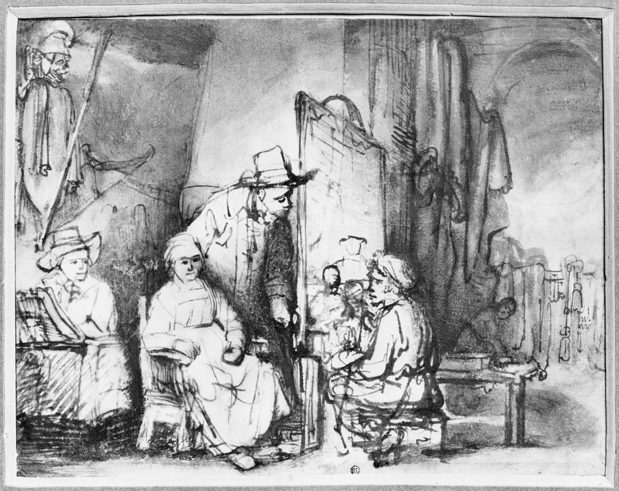 Interiér ateliéru s malířem, který maluje portrét páru (pero, tuš, bistr a wash na papíře) od Rembrandt van Rijn
