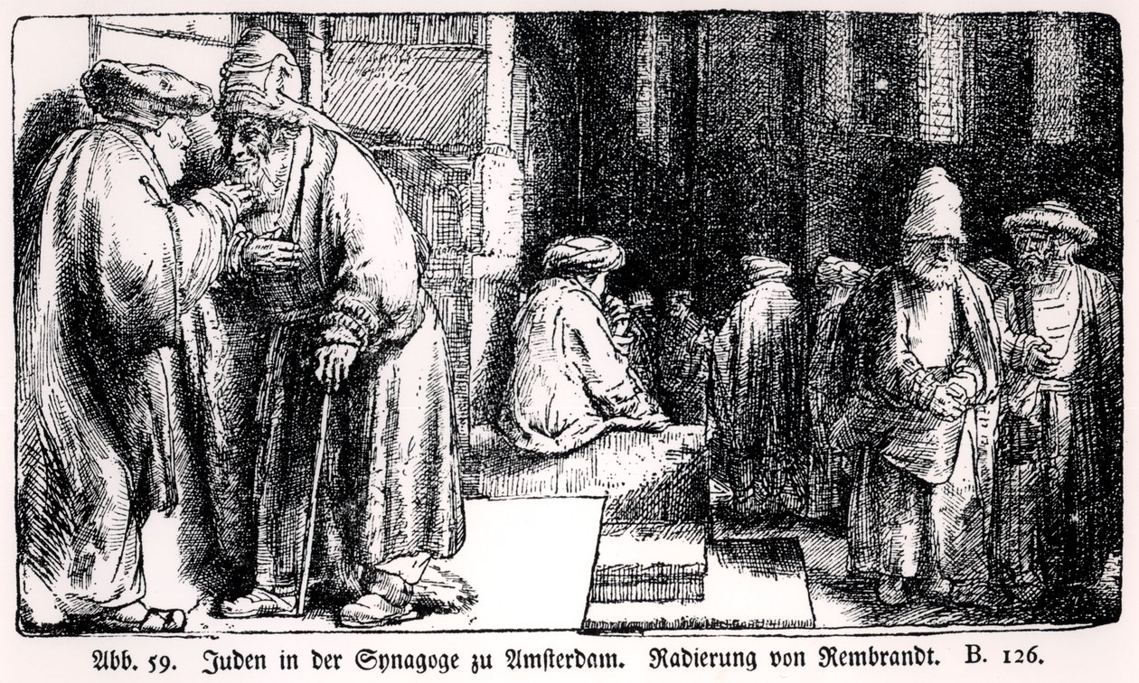 Židé v synagoze v Amsterdamu, vyryto umělcem od Rembrandt van Rijn