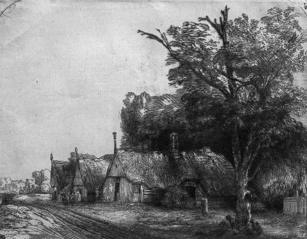 Krajina se třemi chalupami, 1650 od Rembrandt van Rijn