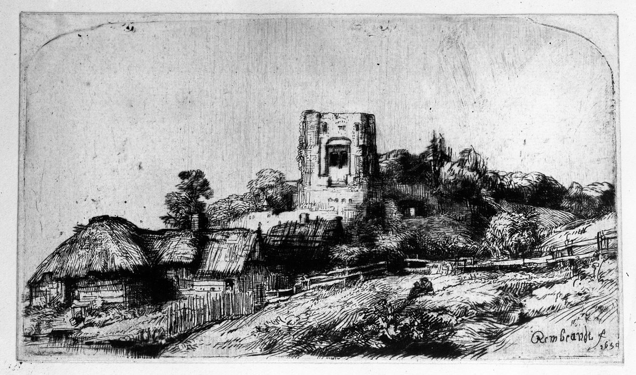 Krajina s věží, 1650 od Rembrandt van Rijn