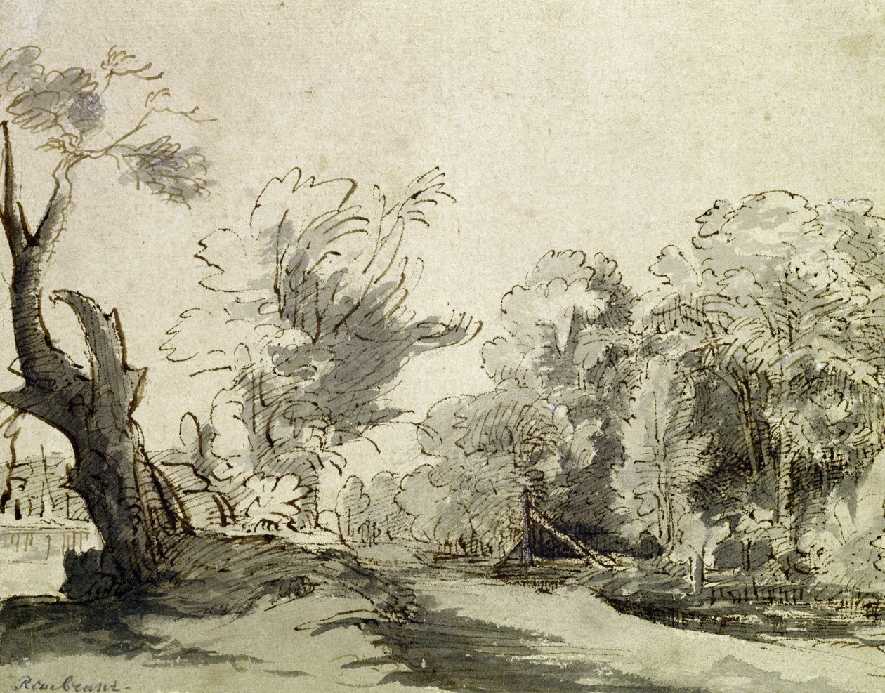 Krajina s cestou, vlevo téměř mrtvý strom a vpravo lávka vedoucí na farmu (pero, inkoust a mytí na papíře) od Rembrandt van Rijn