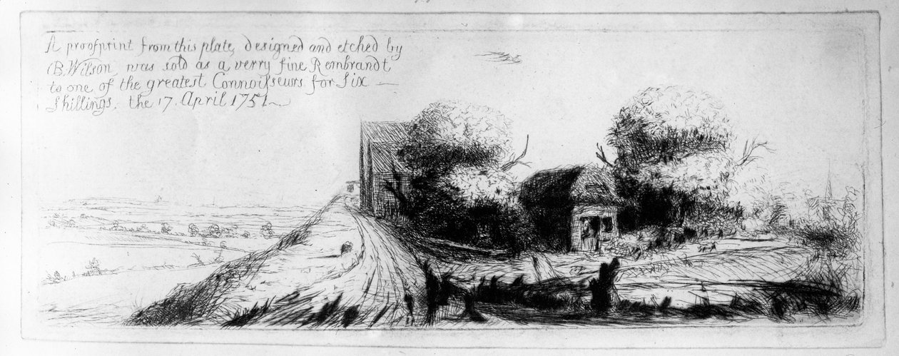 Krajina s venkovskou uličkou a chalupami, leptané Benjaminem Wilsonem, 1751 od Rembrandt van Rijn