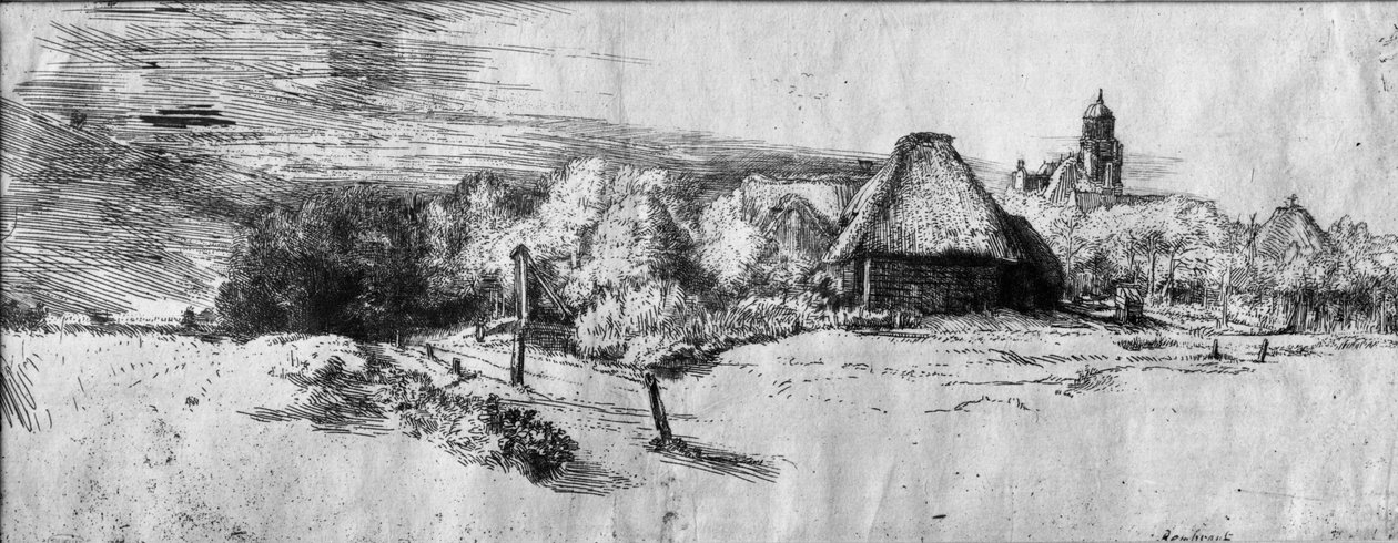 Velká krajina s věží, cca 1650 od Rembrandt van Rijn