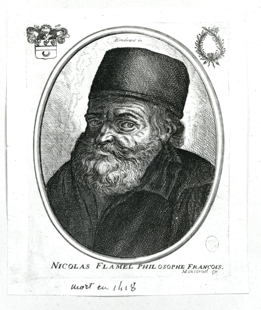 Nicolas Flamel (asi 1330-1418) vyrytý Balthazarem Moncornetem (asi 1600-68) od Rembrandt van Rijn