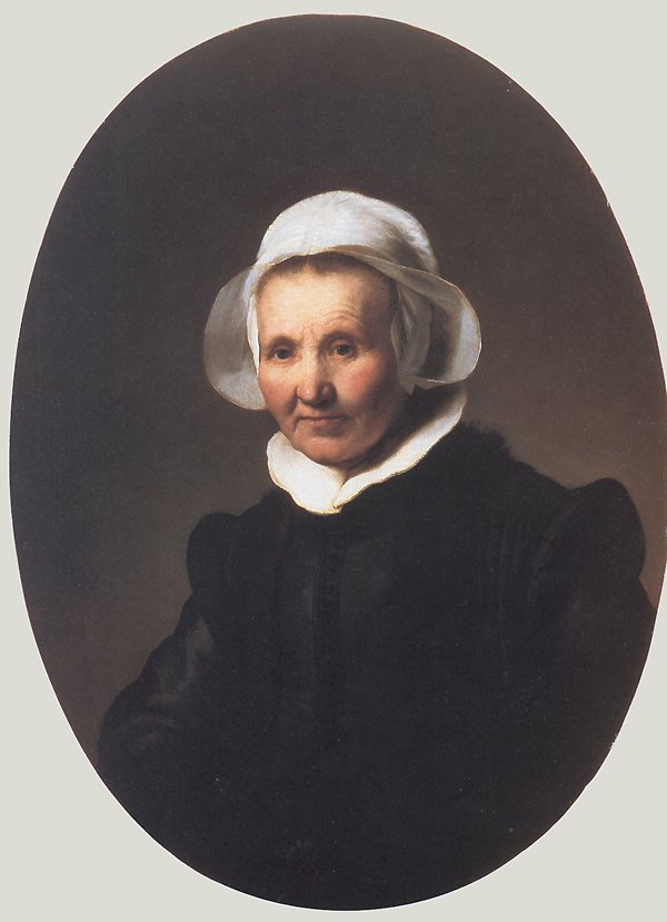 Portrét dámy v černém kostýmu a čepici a límci od Rembrandt van Rijn