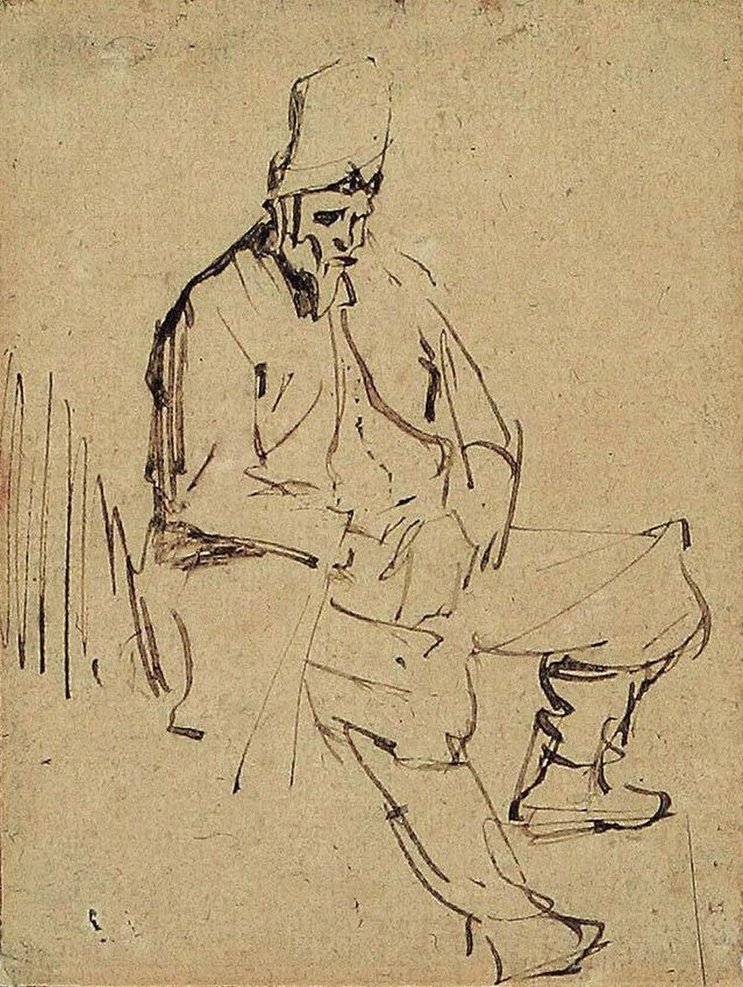Sedící muž s vysokou čepicí od Rembrandt van Rijn