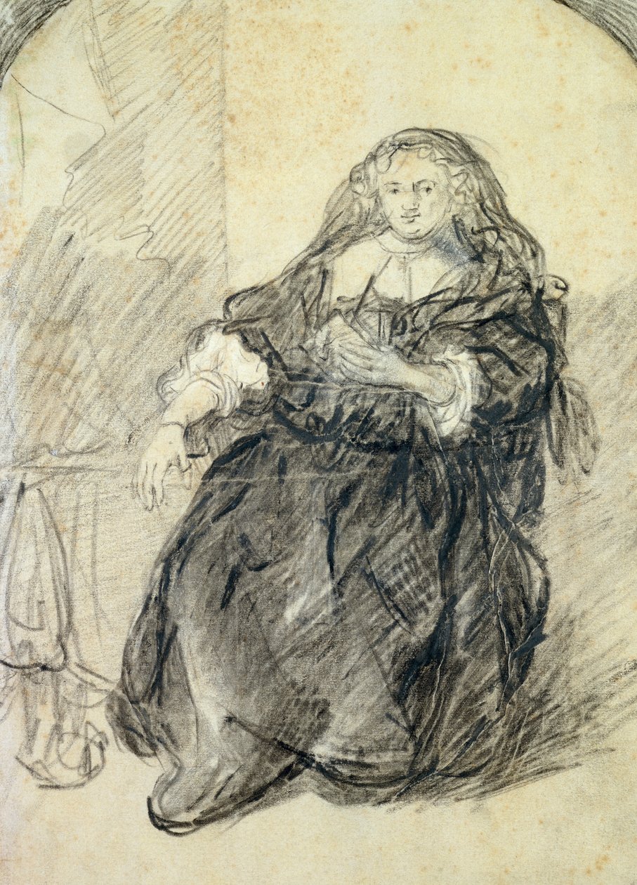 Sedící Saskia s dopisem v levé ruce (černá křída s bílou barvou těla na papíře) od Rembrandt van Rijn