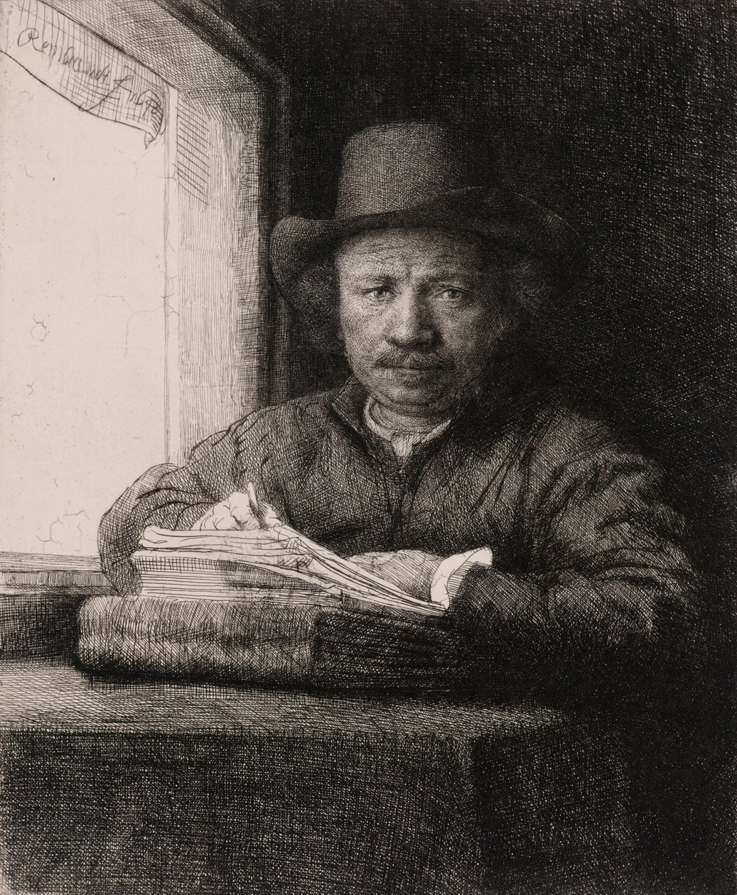 Autoportrét kresba v okně od Rembrandt van Rijn