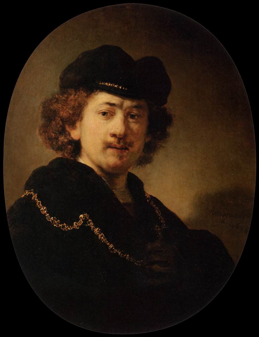 Autoportrét s toque a zlatým řetězem od Rembrandt van Rijn
