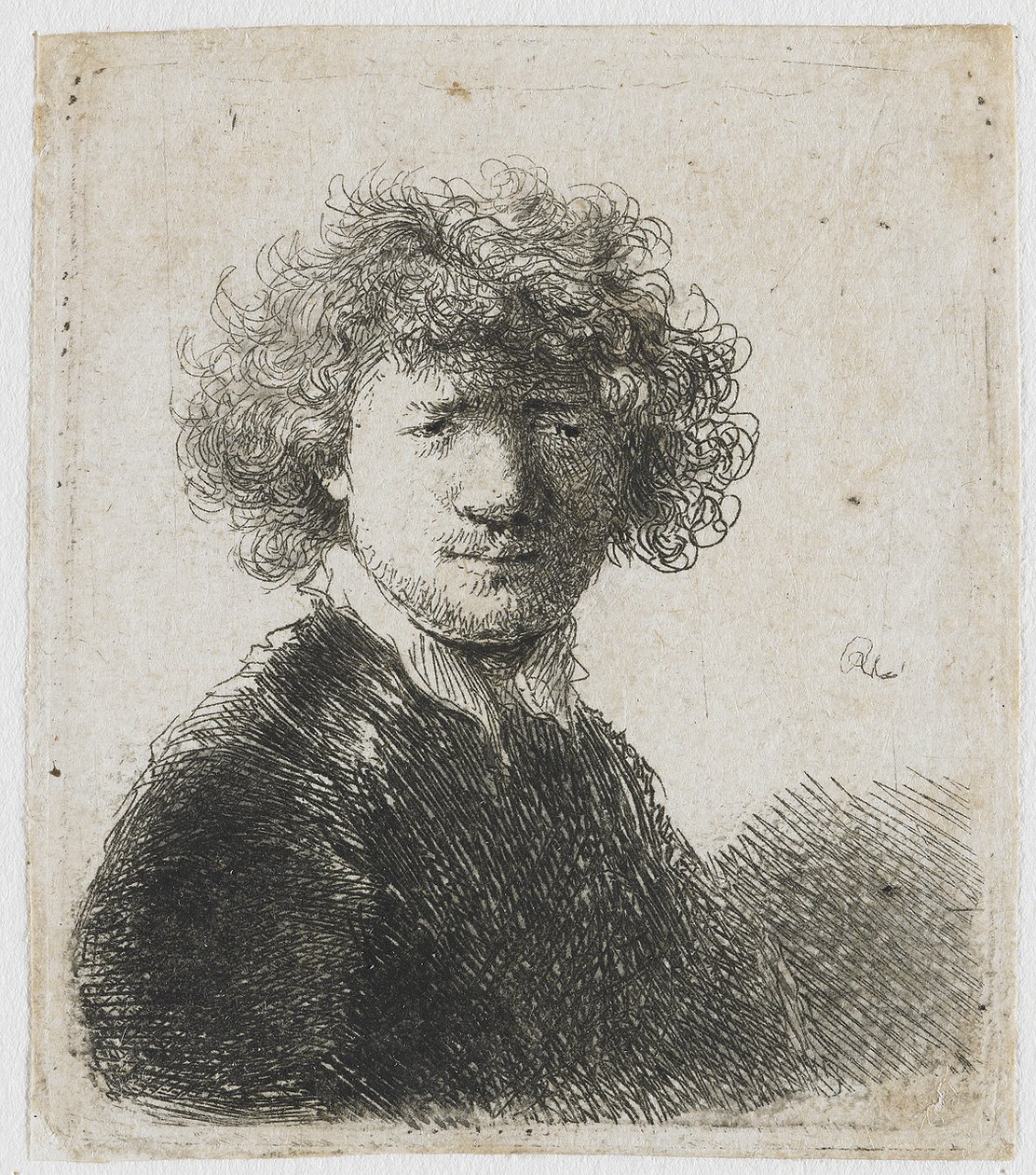 Autoportrét s kudrnatými vlasy a bílým límcem od Rembrandt van Rijn