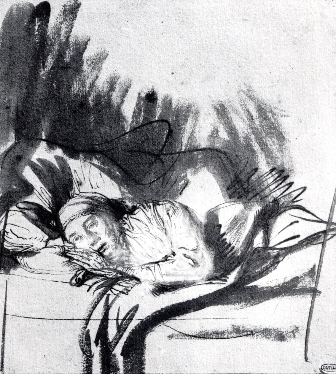 Nemocná žena v posteli, možná Saskia, manželka malíře, kolem 1640 (pero a bistre na papíře) od Rembrandt van Rijn