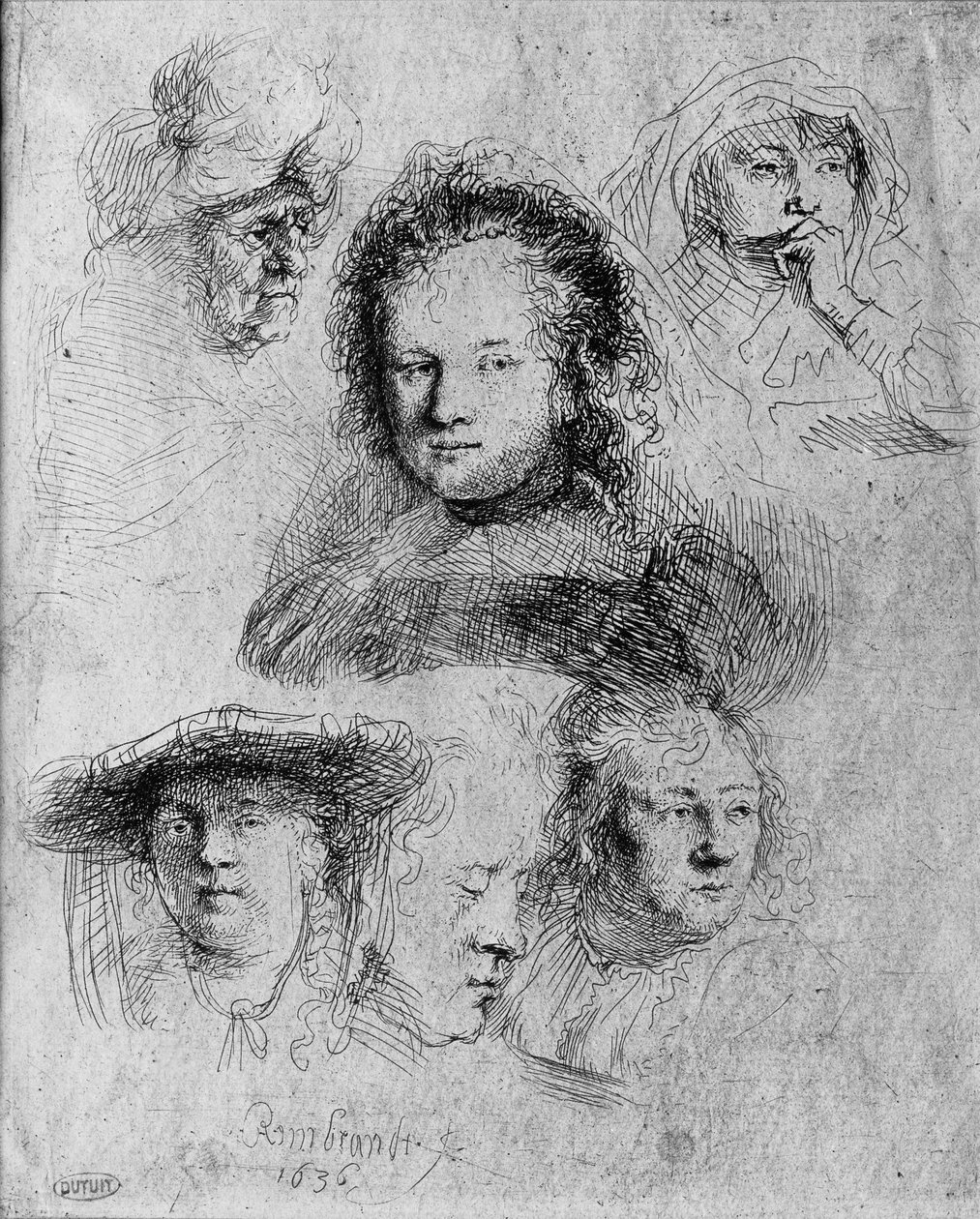 Šest hlav se Saskiou van Uylenburgh (1612-42) uprostřed, 1636 od Rembrandt van Rijn