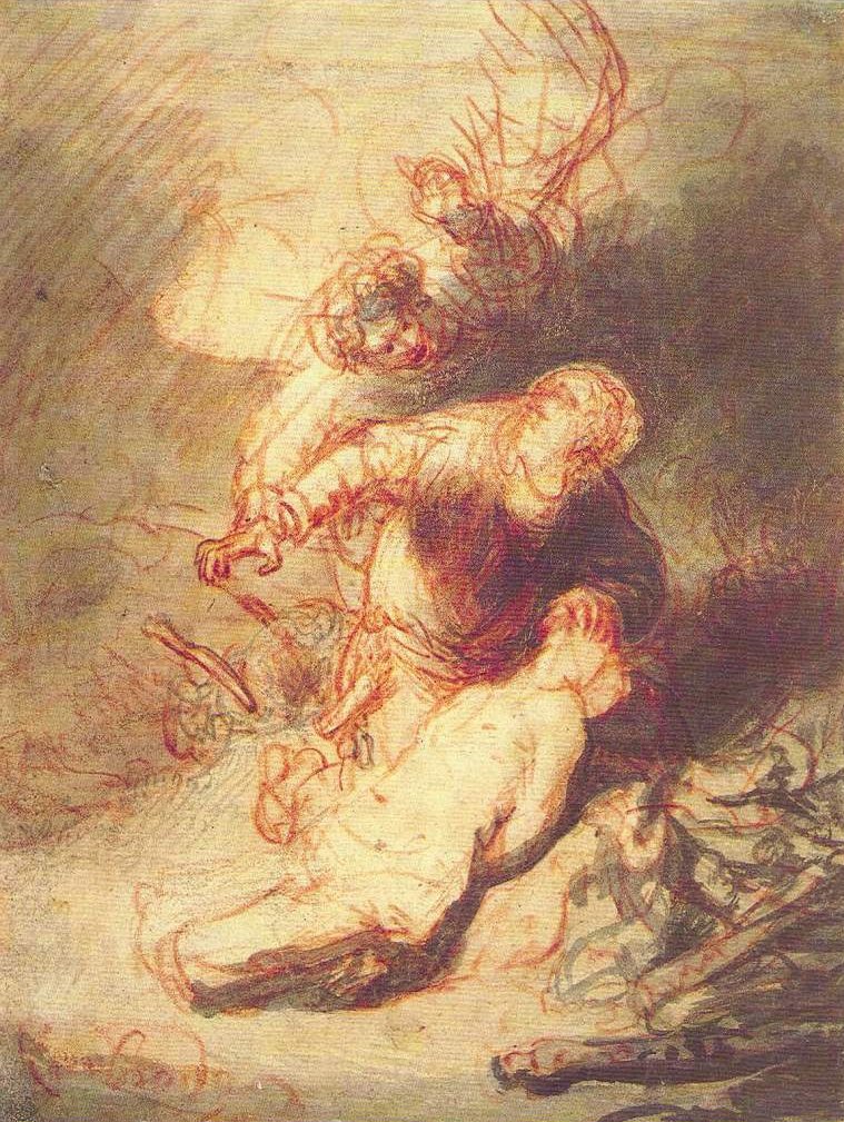 Anděl zabraňující Abrahamovi obětovat jeho syna Izáka od Rembrandt van Rijn
