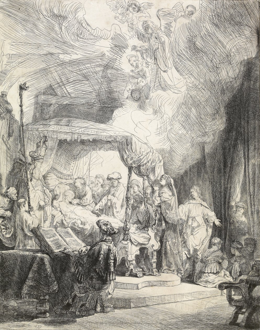 Smrt Panny Marie, 1639 (lept a suchá jehla) od Rembrandt van Rijn