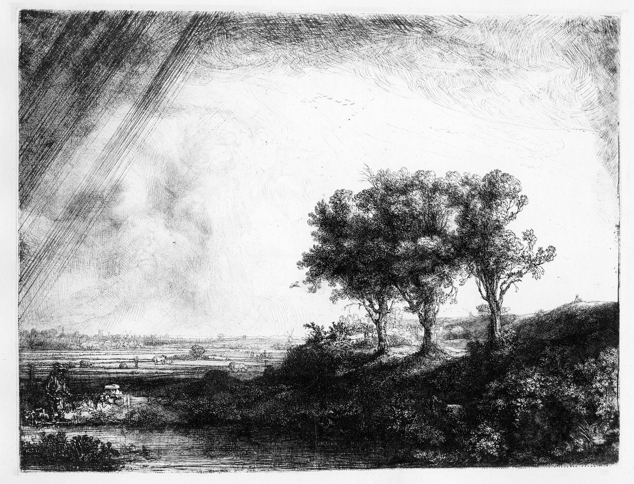 Tři stromy, vyryl James Bretherton od Rembrandt van Rijn
