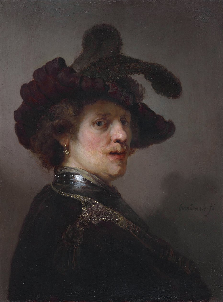 Tronie muže s pernatým baretem od Rembrandt van Rijn