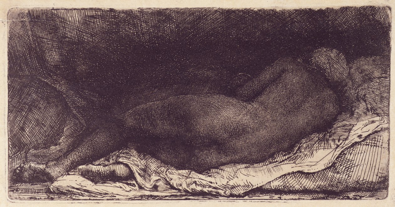 Žena ležící na posteli, 1658 (lept, suchá jehla a rytina s povrchovým tónem) od Rembrandt van Rijn