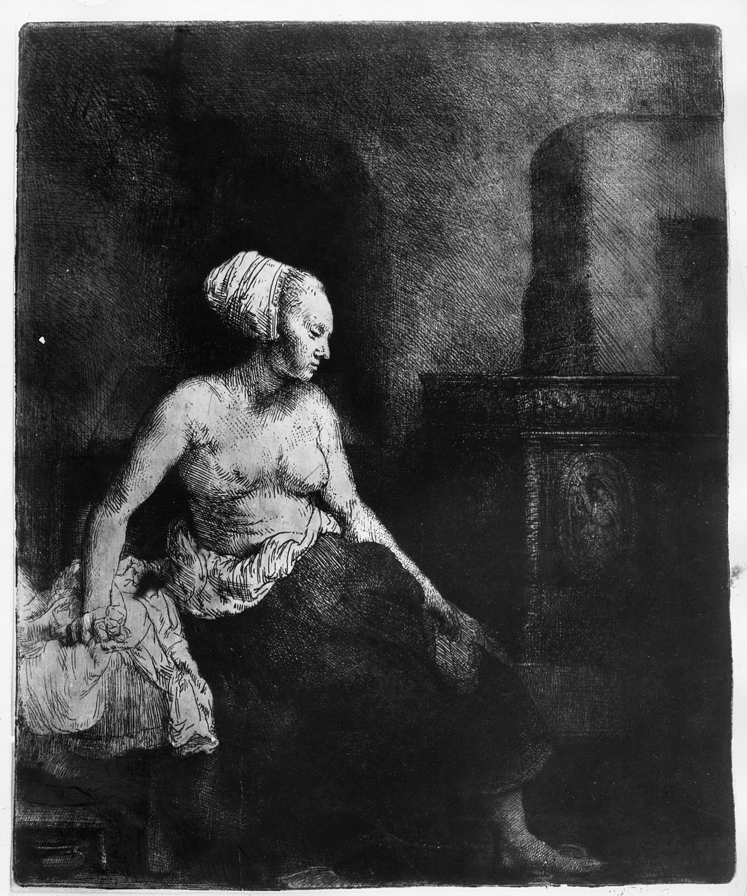 Žena sedící napůl oblečená u kamen, 1658 od Rembrandt van Rijn