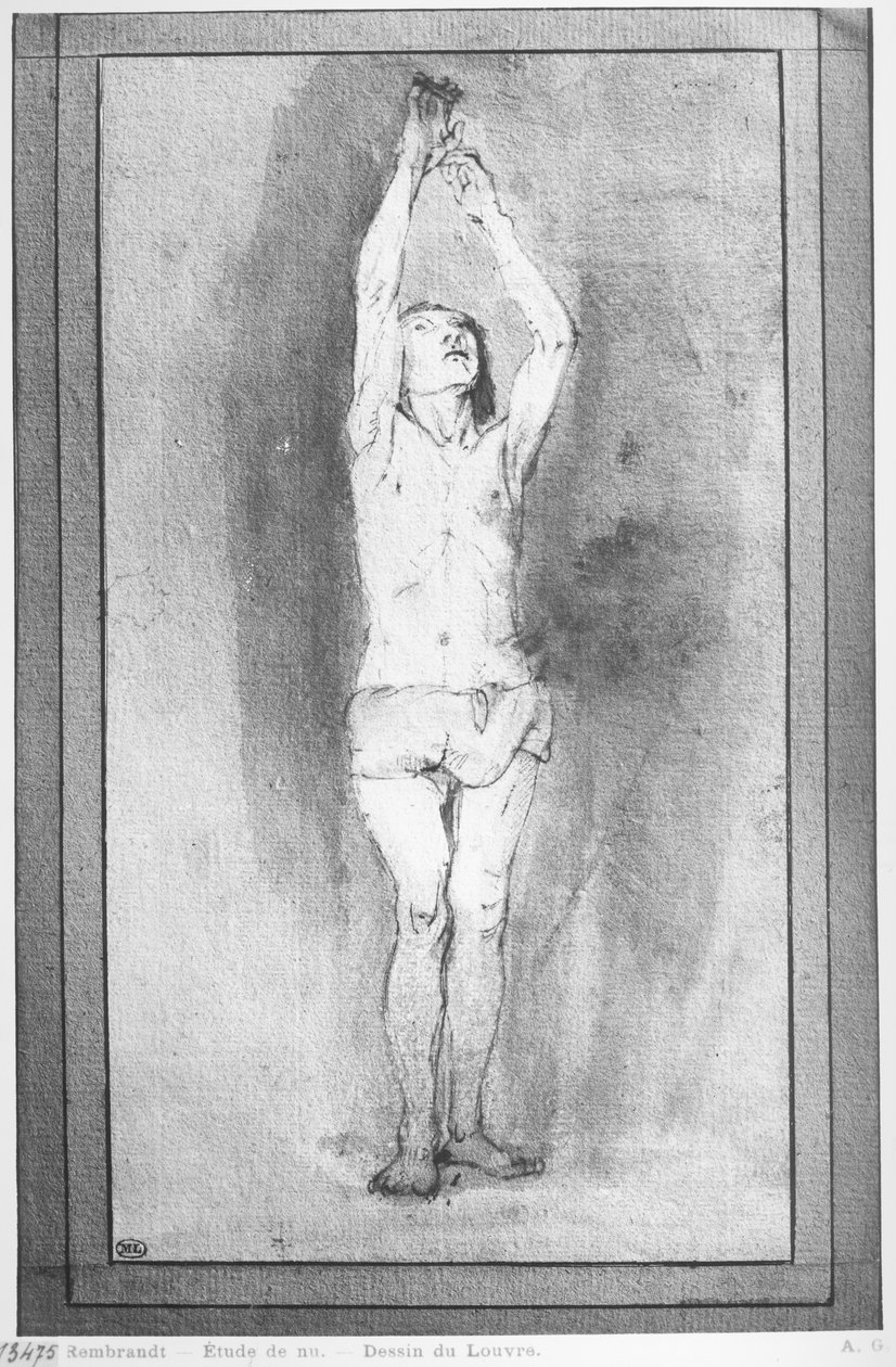 Mladý chlapec s bederní rouškou, obě ruce pověšené na malé tyči (pero, hnědý inkoust a mytí na papíře) od Rembrandt van Rijn