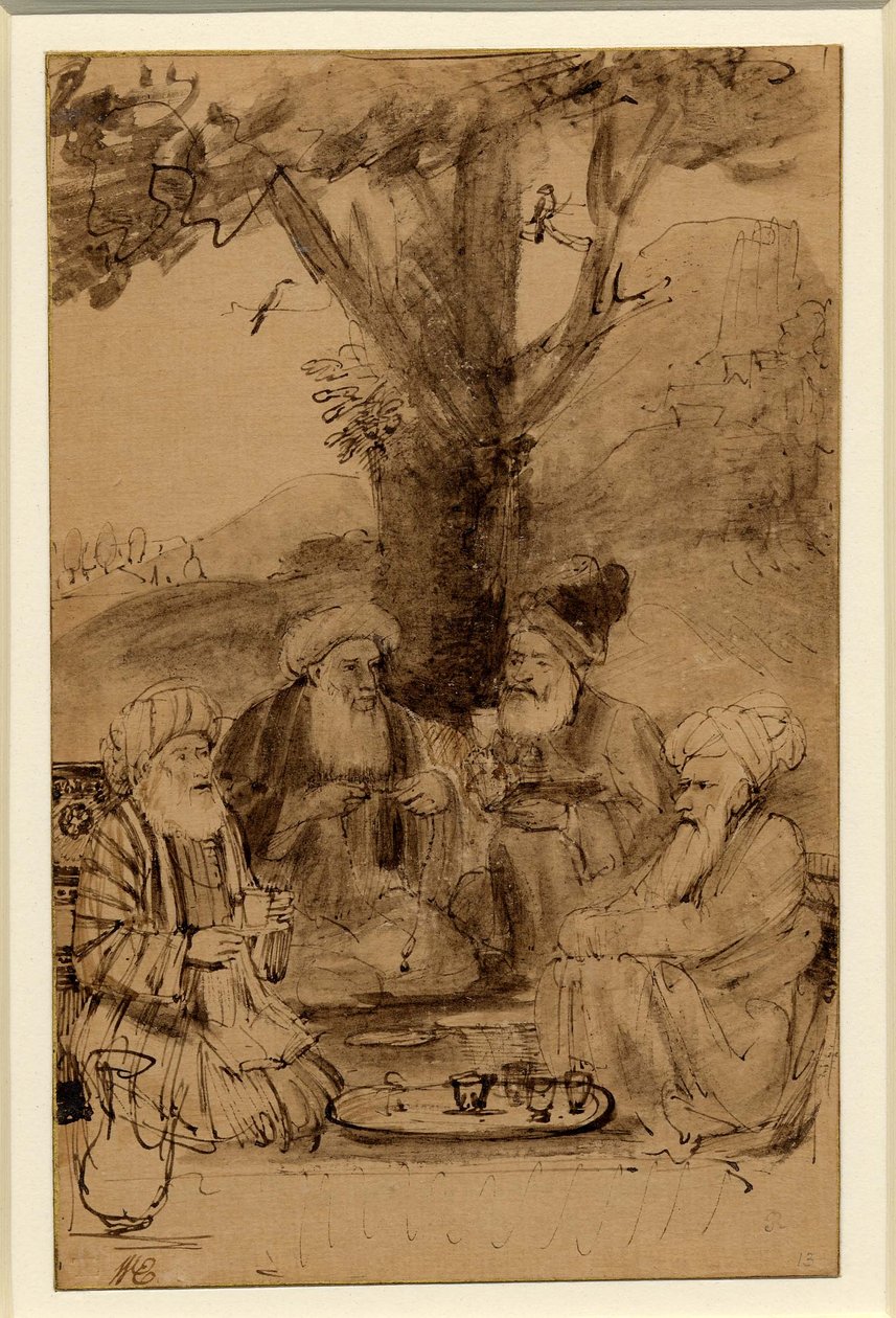 Čtyři mulláhové sedící pod stromem, Rembrandt, asi 1656-61 od Rembrandt