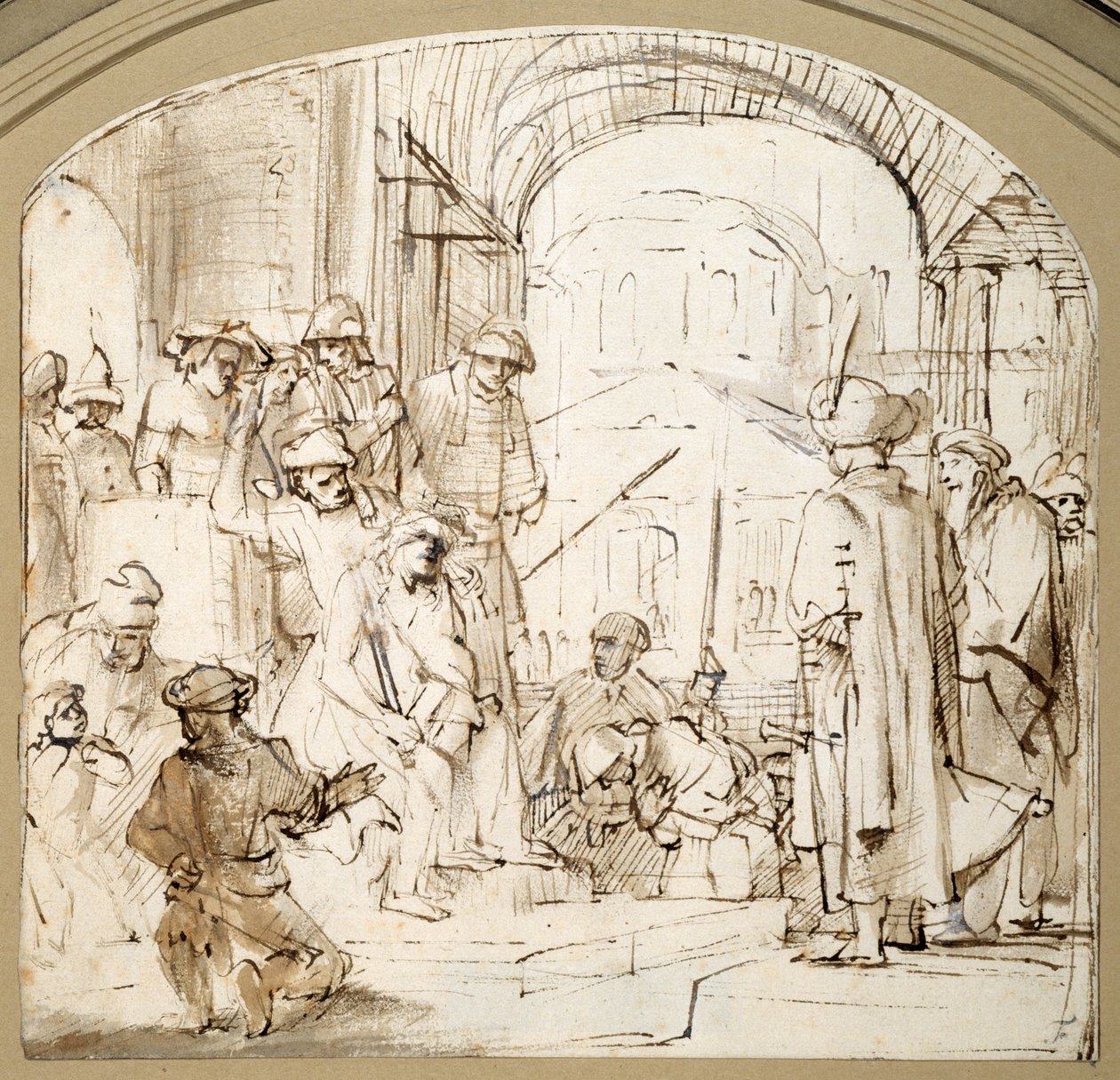 Posmívaný Kristus (pero a inkoust s praním na papíře) od Rembrandt Harmensz. van Rijn (school of)