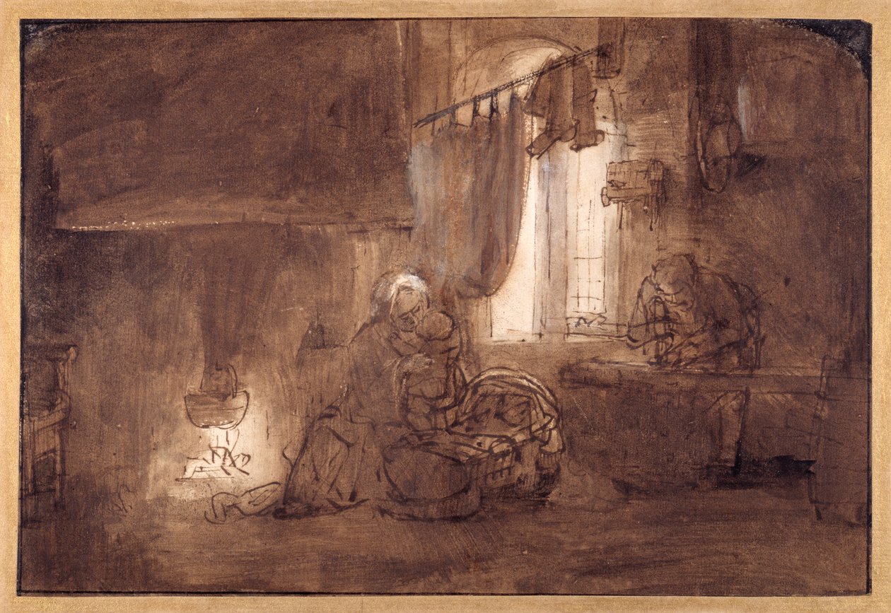 Svatá rodina v tesařské dílně (pero a inkoust s praním na papíře) od Rembrandt Harmensz. van Rijn (school of)