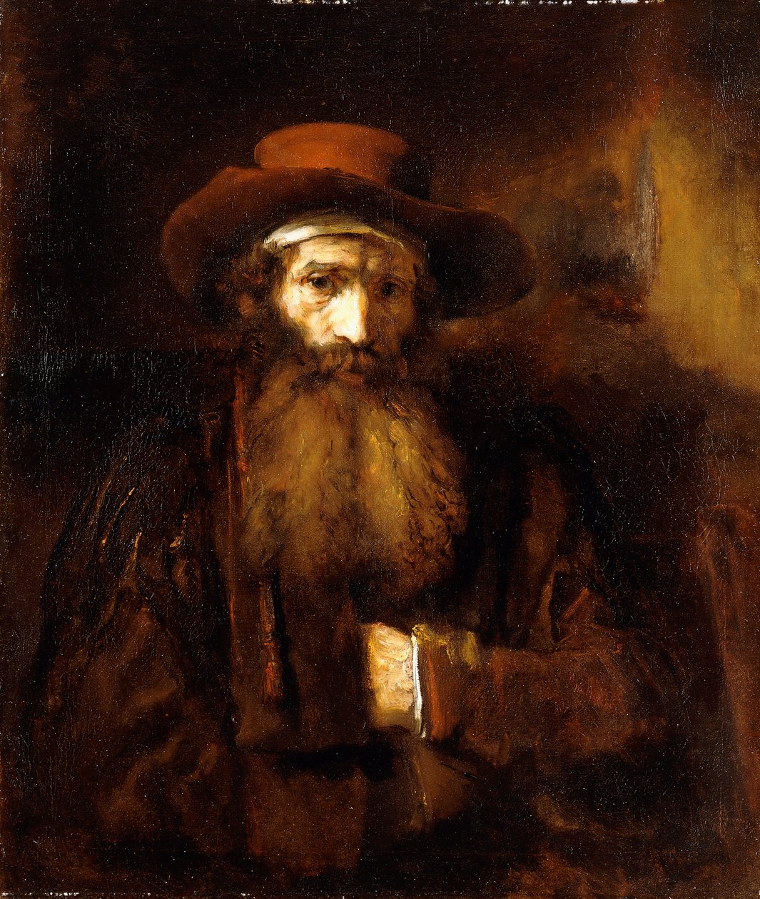 Vousatý stařík, na sobě hnědý kabát a červenohnědý klobouk, 1651 od Rembrandt van Rijn