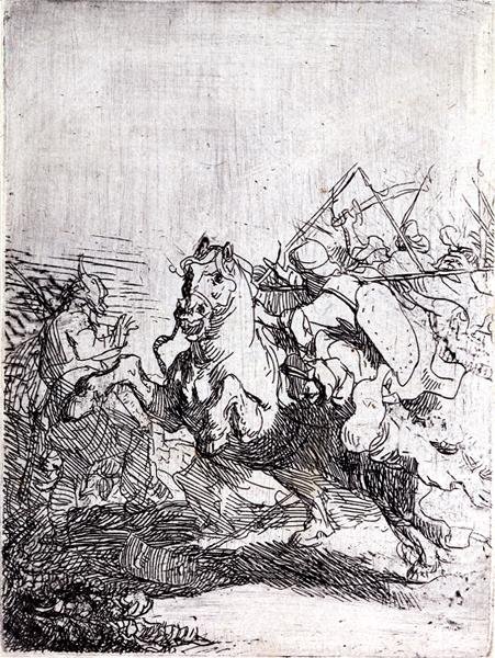 Kavalerský boj (pero a inkoust na papíře) od Rembrandt Harmensz. van Rijn