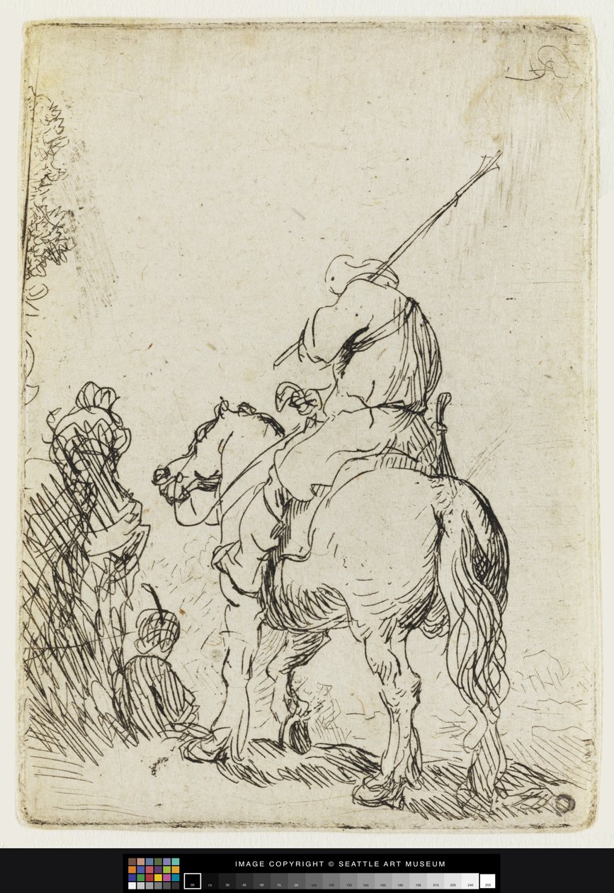 Voják v turbanu na koni, kolem roku 1632 (leptání) od Rembrandt van Rijn