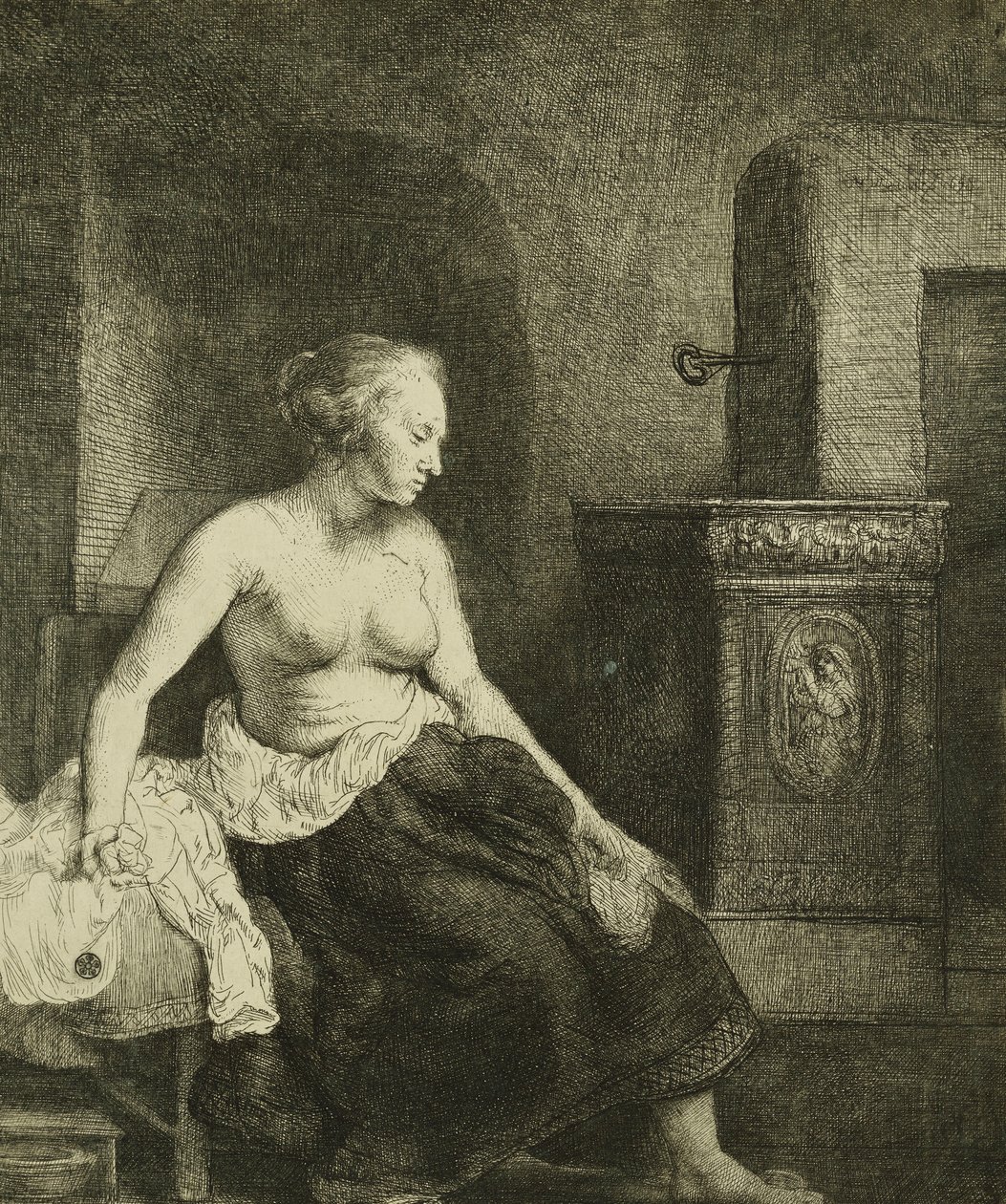 Žena sedící napůl oblečená vedle sporáku, 1658 od Rembrandt van Rijn