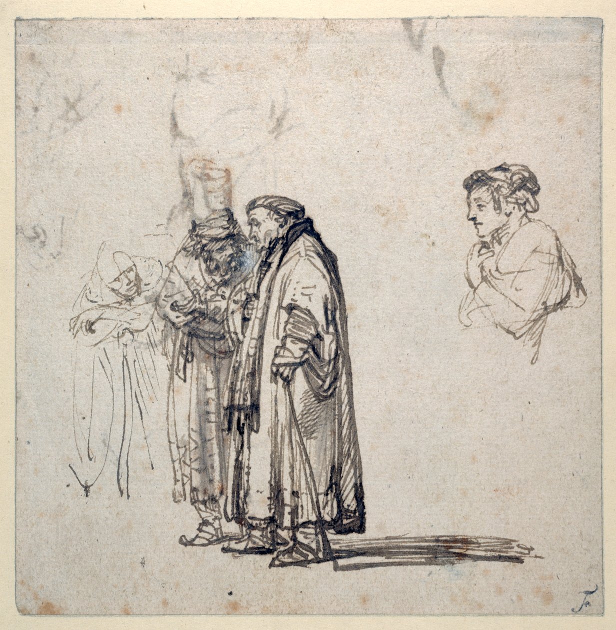 Skupina starších učenců a zvlášť profil mladšího muže (pero a hnědý inkoust s praním a kvašem na papíře) od Rembrandt Harmensz. van Rijn