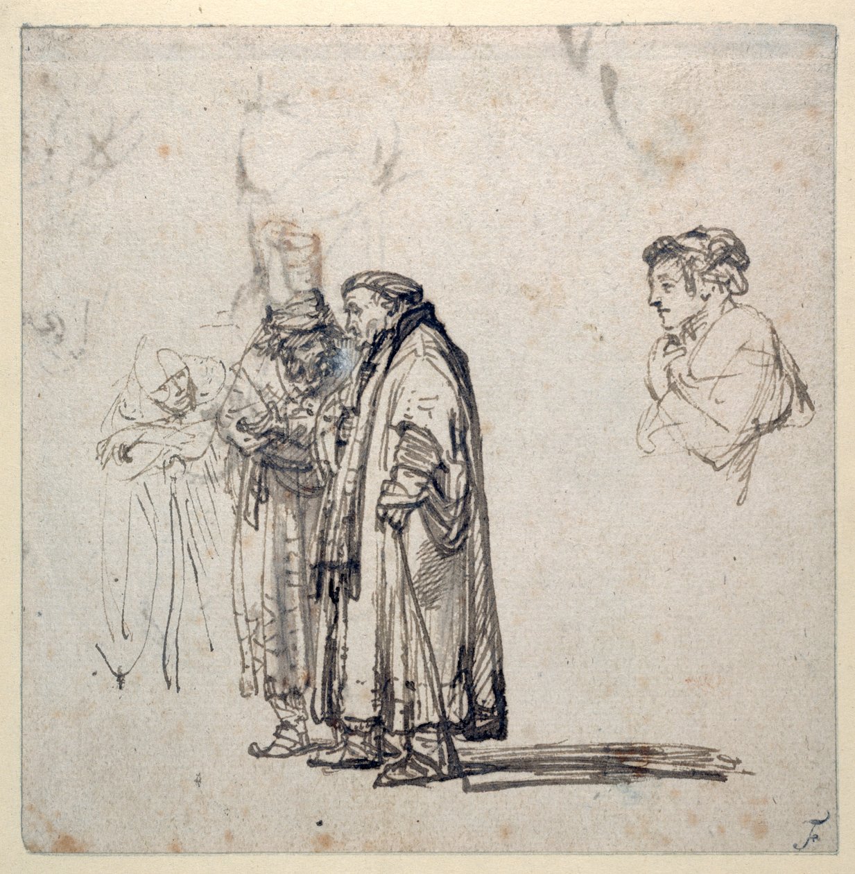 Skupina starších učenců a zvlášť profil mladšího muže (pero a inkoust na papíře) (recto of 2636120) od Rembrandt Harmensz. van Rijn