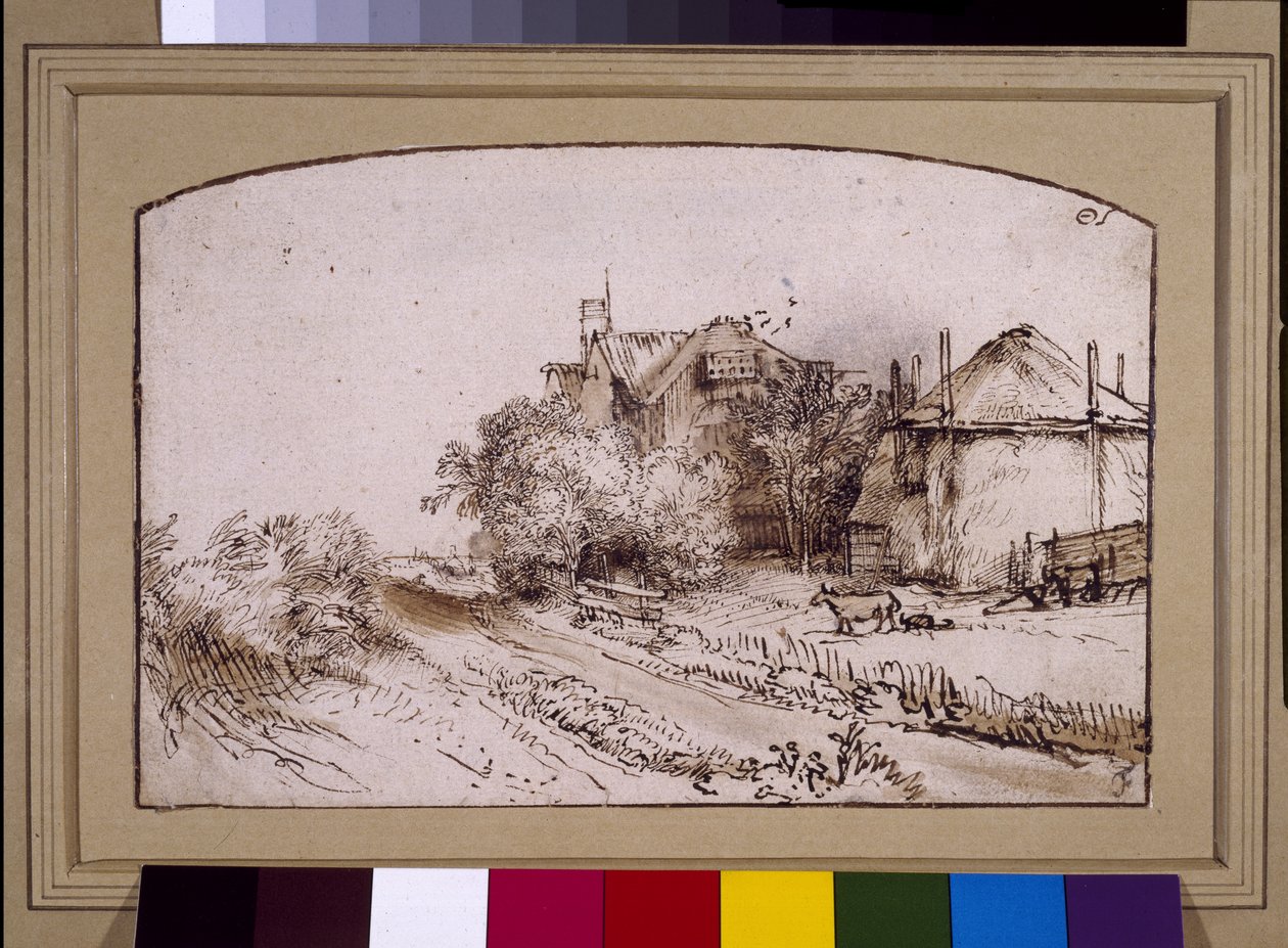 Kupka sena poblíž farmy, cca 1650 (pero a inkoust na papíře) od Rembrandt Harmensz. van Rijn