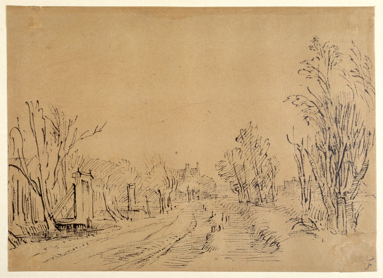 Hlavní silnice vedoucí k domu přes stromy (dva mosty a přístupy branou do dijku) (pero a inkoust na hnědém papíře) od Rembrandt Harmensz. van Rijn