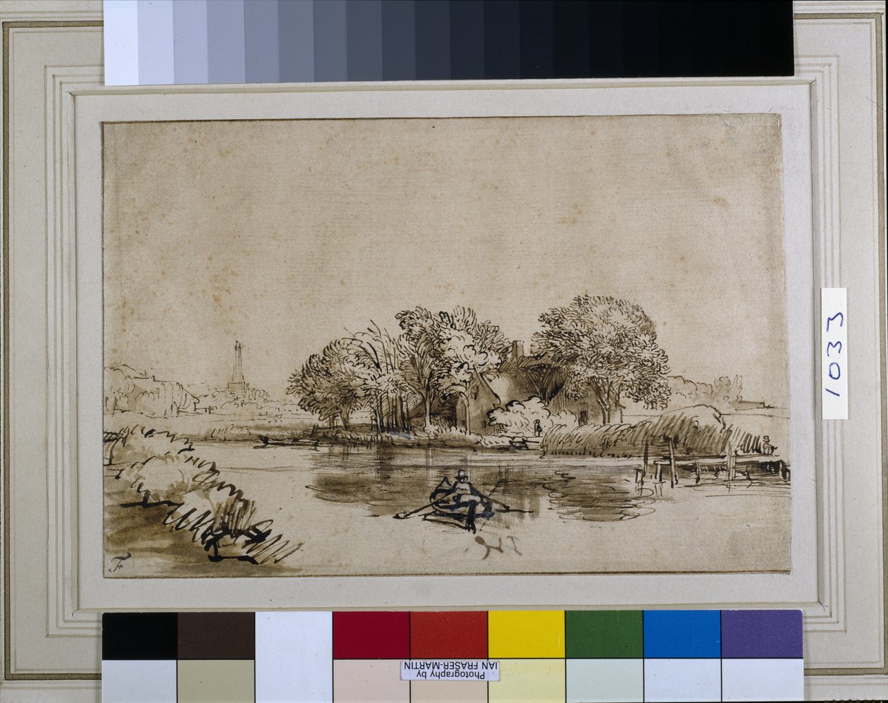 Muž, který velí na člunu na Bullewijku, s výhledem na Ouderkerk, kolem 1650 (pero a inkoust s hnědým praním a bílou barvou na papíře) od Rembrandt Harmensz. van Rijn