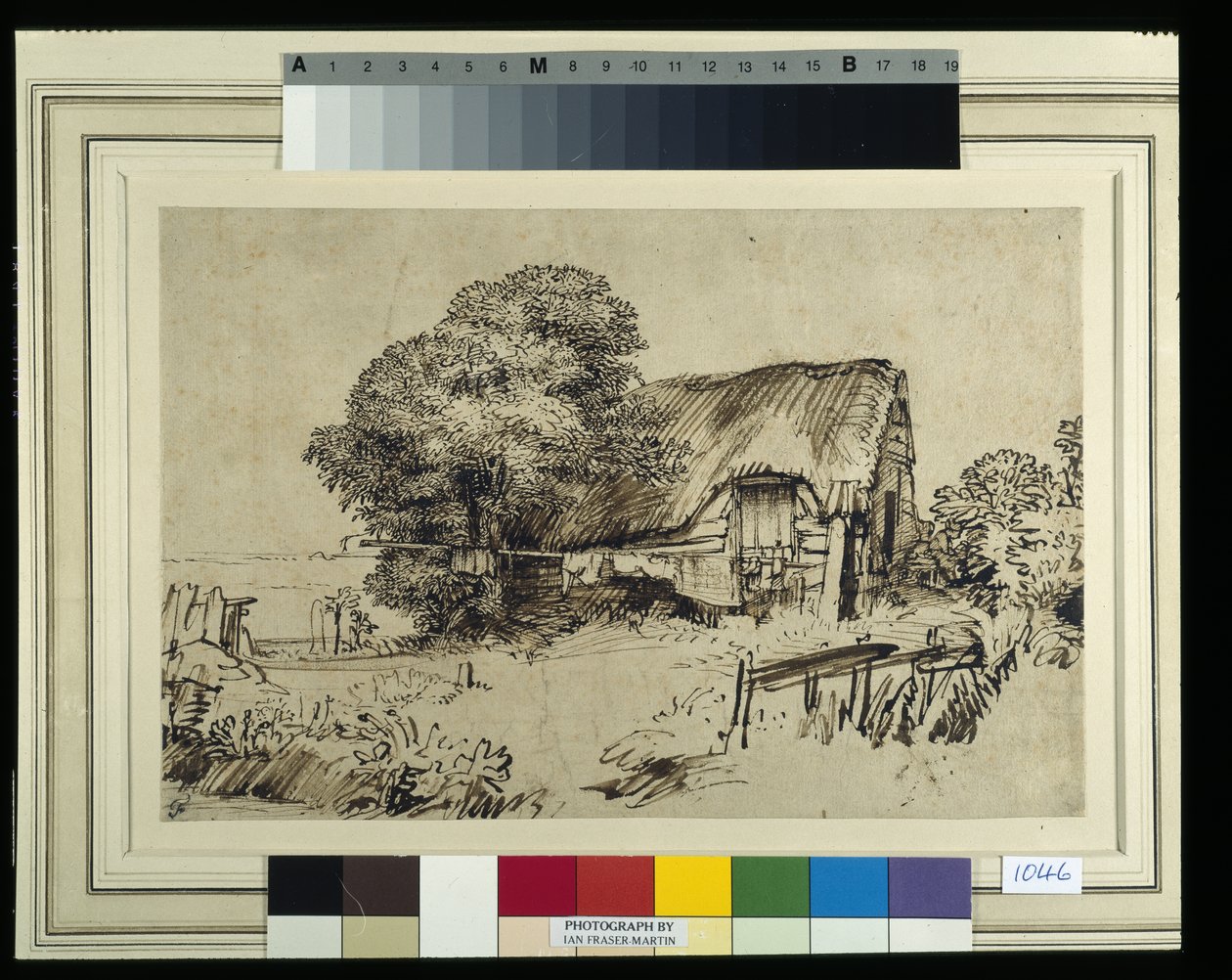 Došková chata u velkého stromu, postava sedící venku, cca 1648-52 (pero a inkoust na papíře) od Rembrandt Harmensz. van Rijn