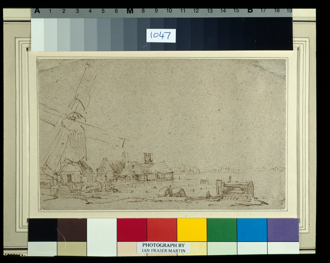 Větrný mlýn a skupina domů, cca 1652-53 (rákosové pero a inkoust s perem na papíře) od Rembrandt Harmensz. van Rijn
