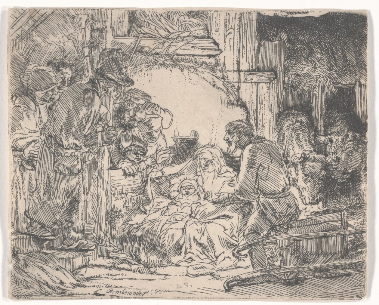 Klanění pastýřů s lampou, kolem 1654 (lept) od Rembrandt van Rijn