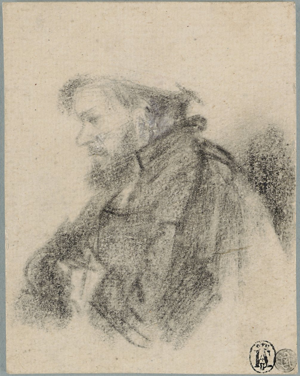 Vousatý muž, poloviční délka, z profilu vlevo od Rembrandt van Rijn