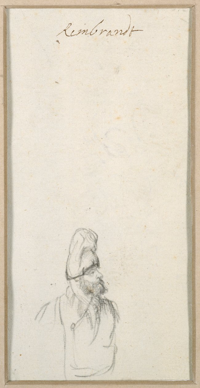 Vousatý muž z profilu, ve vysoké čepici, cca 1640 (černá křída na papíře) od Rembrandt Harmensz. van Rijn