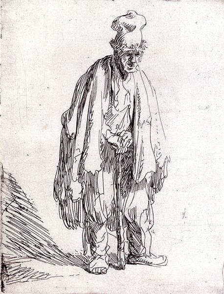 Žebrák ve vysoké čepici stojící (pero a inkoust na papíře) od Rembrandt Harmensz. van Rijn