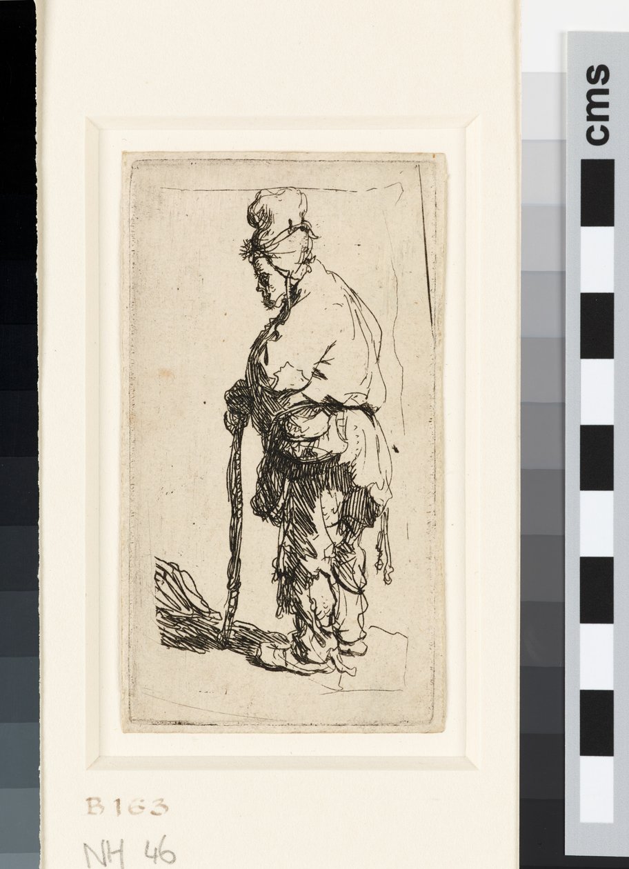 Žebrák opírající se o hůl, cca 1630 (lept) od Rembrandt van Rijn