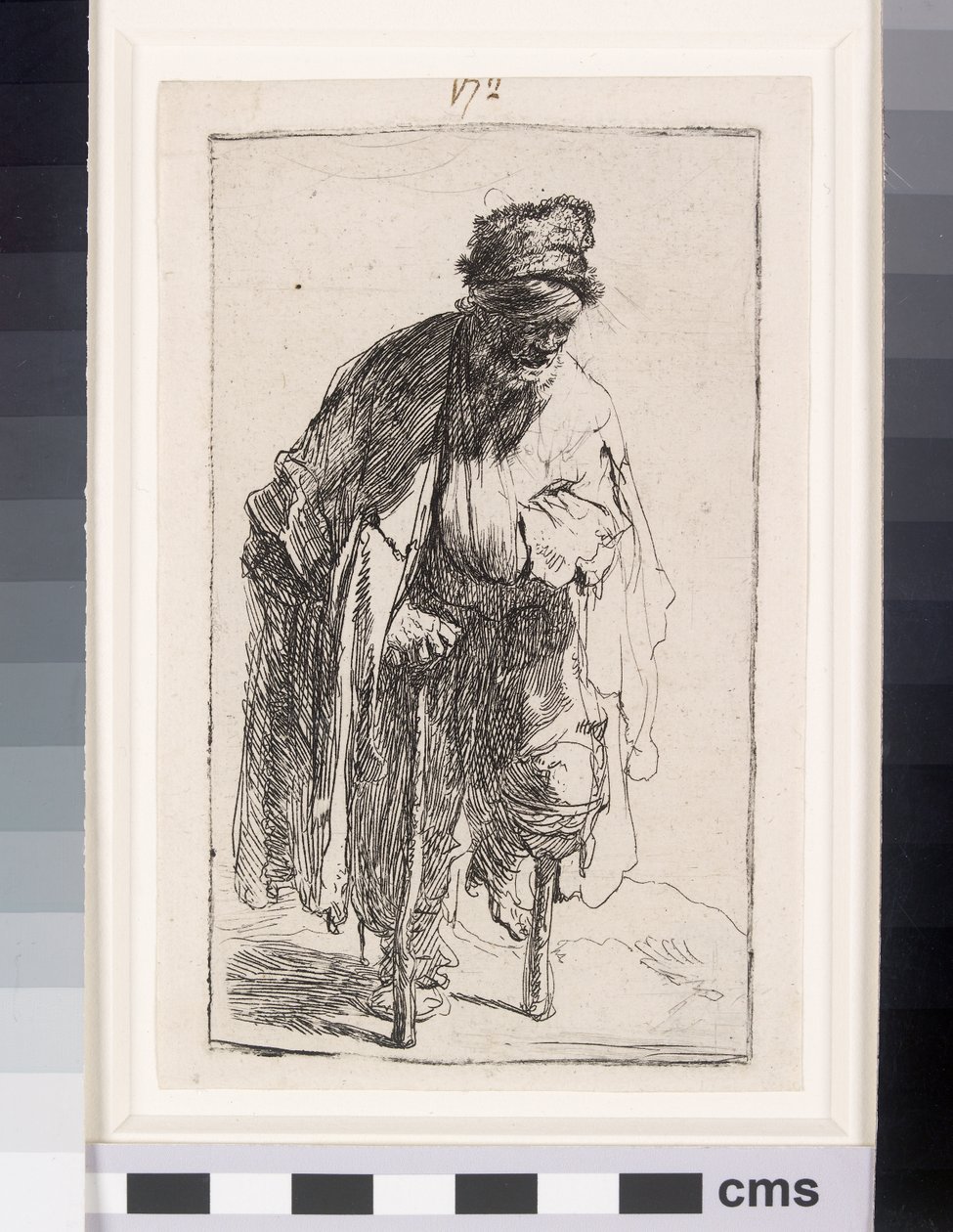 Žebrák s dřevěnou nohou, cca 1630 (lept) od Rembrandt van Rijn