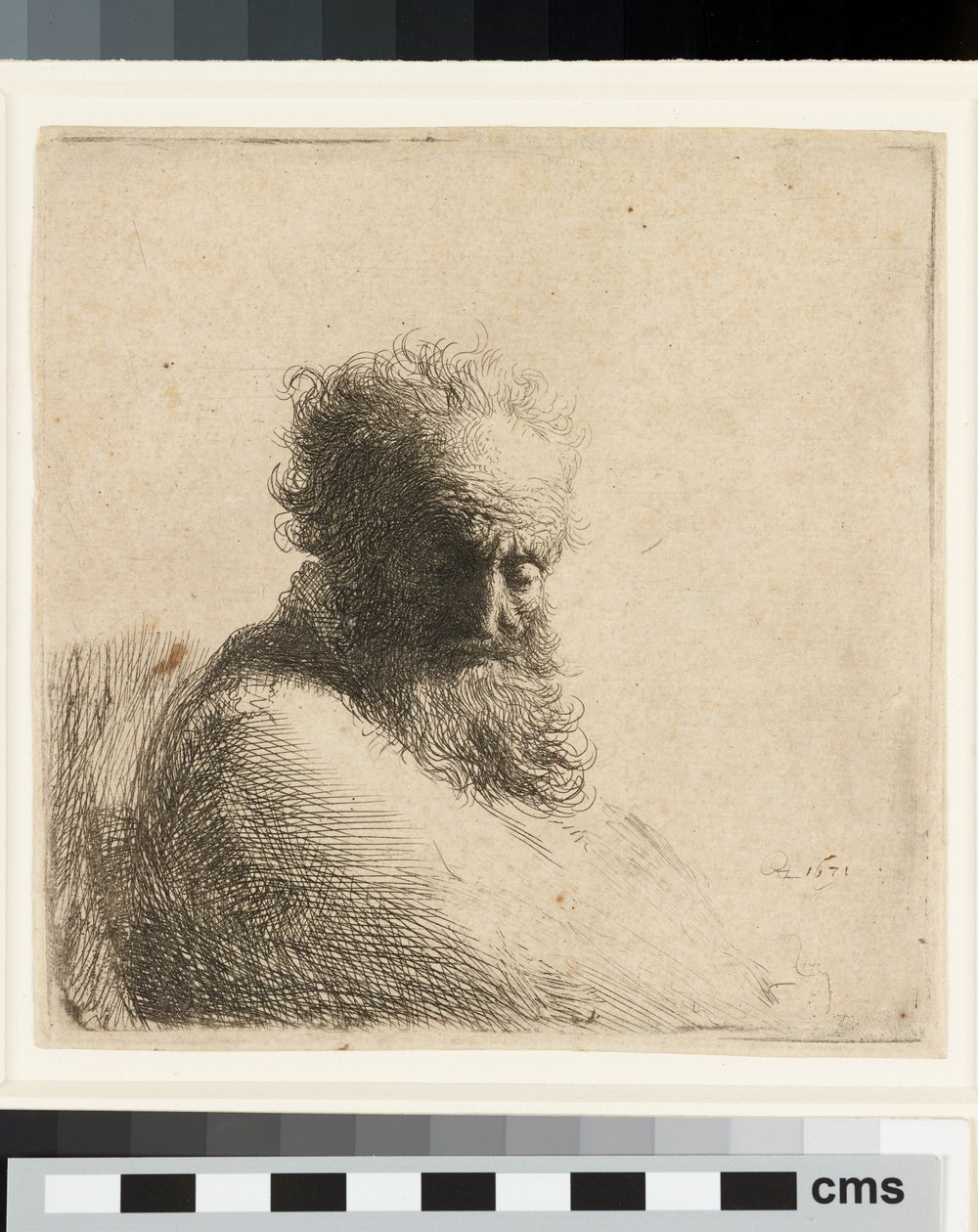 Busta starého vousatého muže, hledícího dolů, tři čtvrtiny vpravo od Rembrandt Harmensz. van Rijn