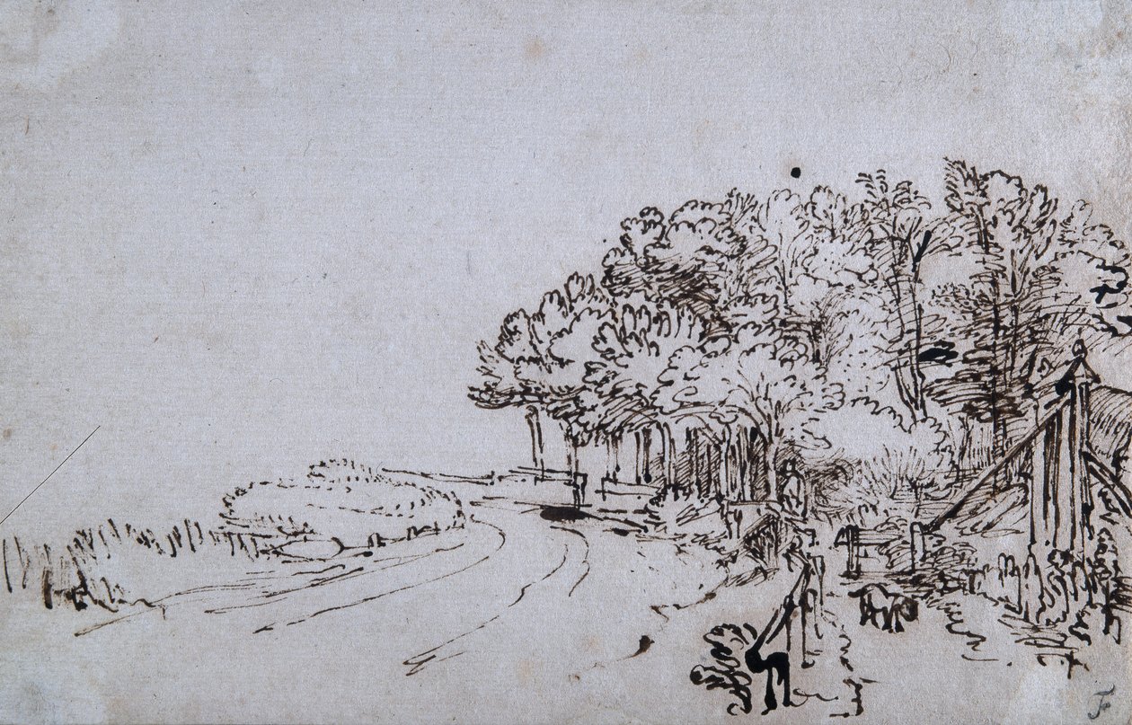 Copse v čele Amsteldijk poblíž Trompenburgu, kolem roku 1649 (pero a inkoust na papíře) od Rembrandt Harmensz. van Rijn