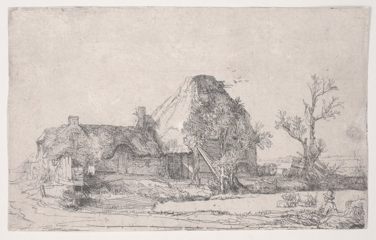 Chaty a hospodářské budovy s skicováním muže, kolem 1645 (lept) od Rembrandt van Rijn